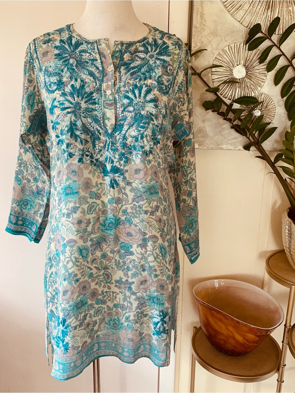 Roberta Roller Rabbit Turquoise Floral Embroidered Tunic Dress size M
